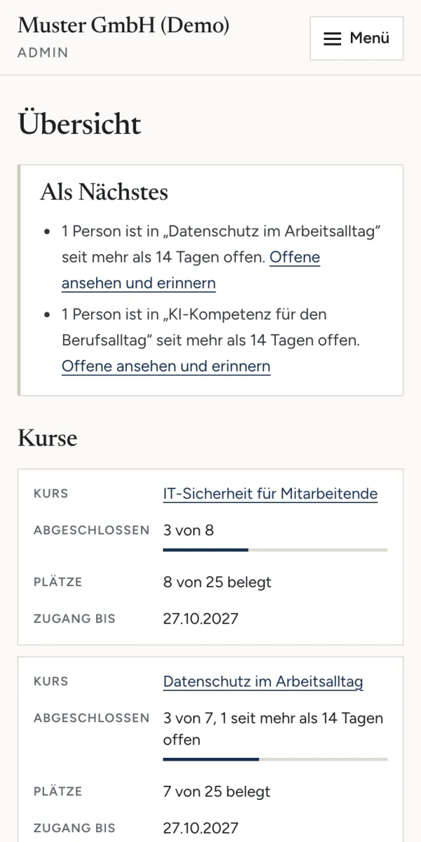 Dieselbe Übersicht auf dem Smartphone, mit Menü-Knopf und Kursständen untereinander.